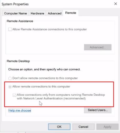 Ticked Allow remote connection