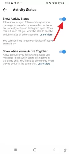 turn off activity status on Instagram