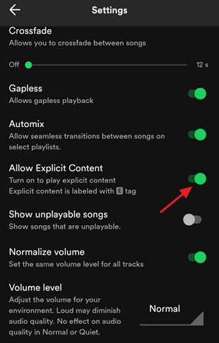 turn off allow explicit content on Spotify