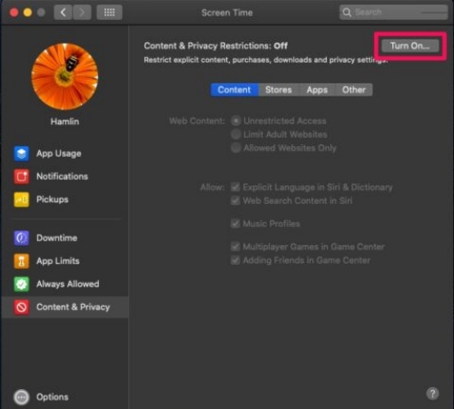 turn on content restrictions on Mac Screen Time