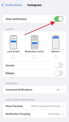 turn on Instagram notifications on ios