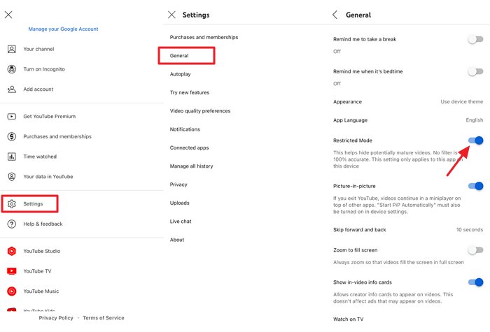turn on Restricted Mode on YouTube app