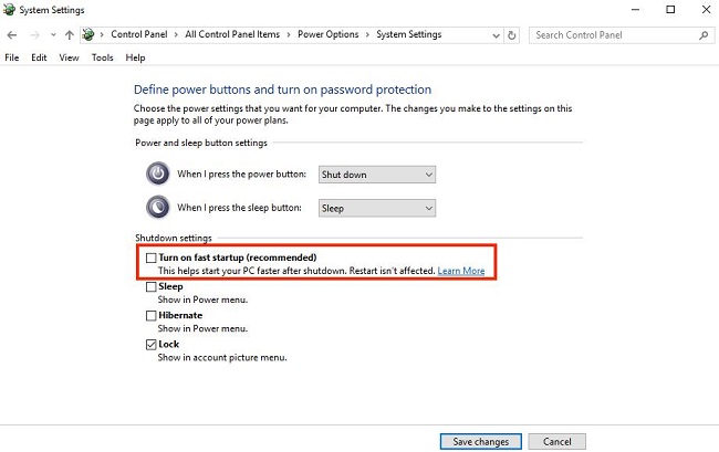 uncheck Turn on fast startup