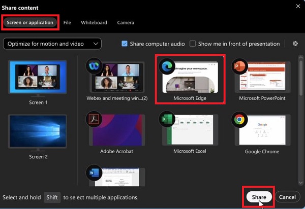 Webex share screen or app