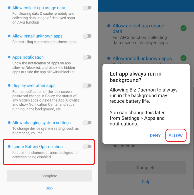 Ignore-battery-optimization-on-Biz-Daemon