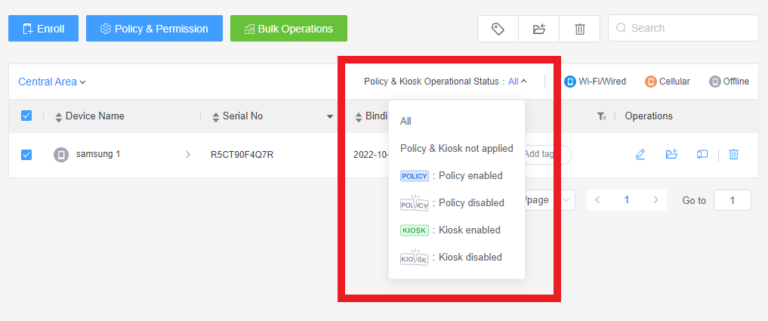 Filter Devices by Policy & Kiosk Status