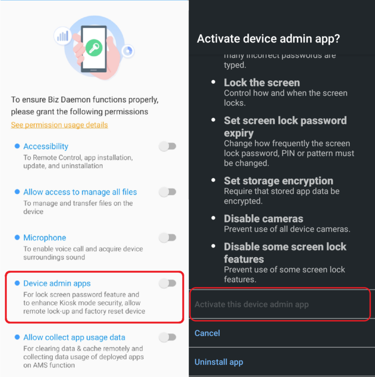 Device admin apps on Biz Daemon