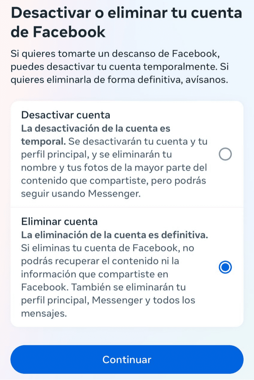 Eliminar la cuenta de facebook