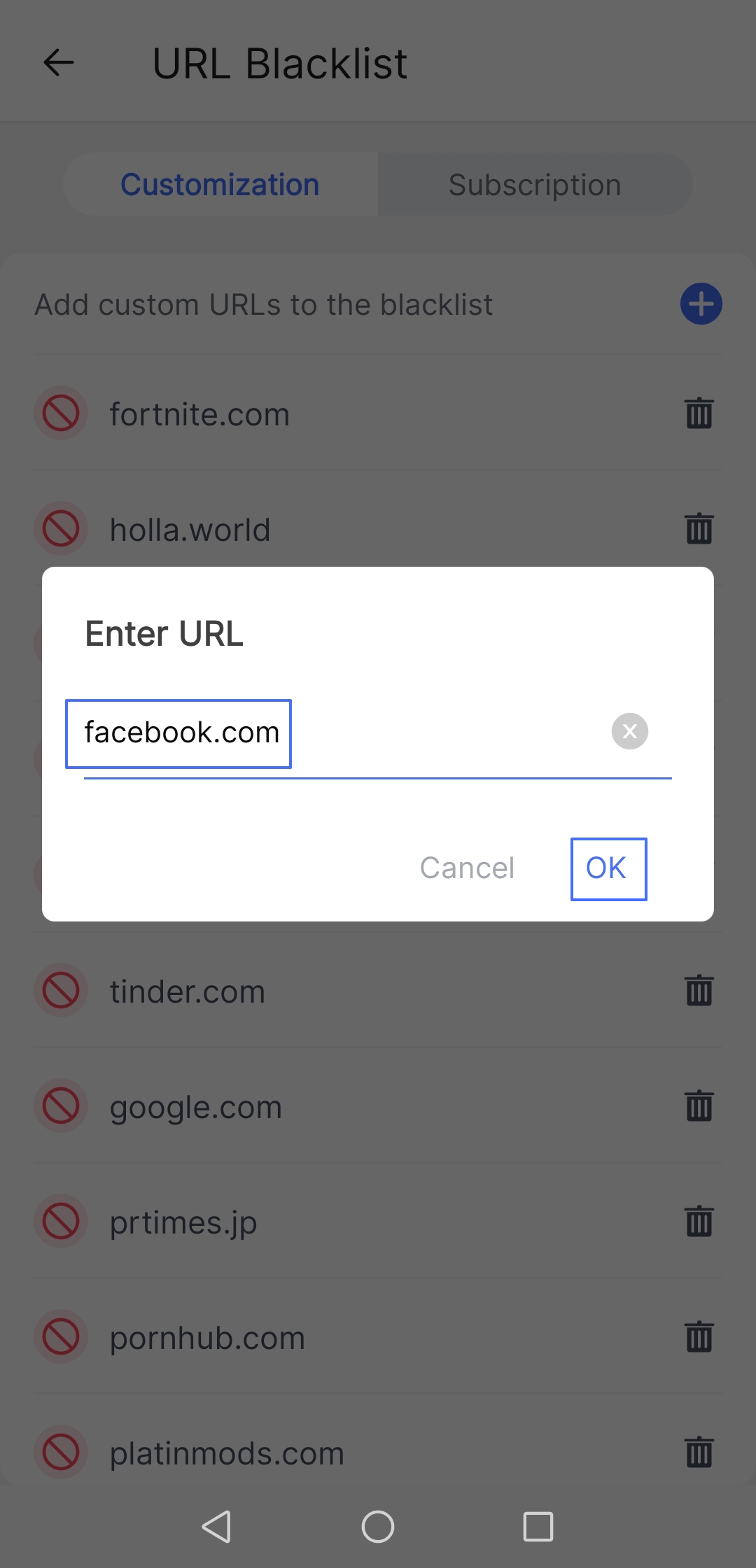 add Facebook website to block