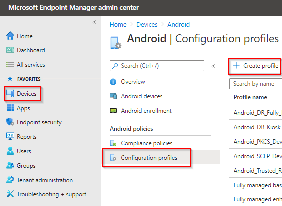 create profiles for android intune