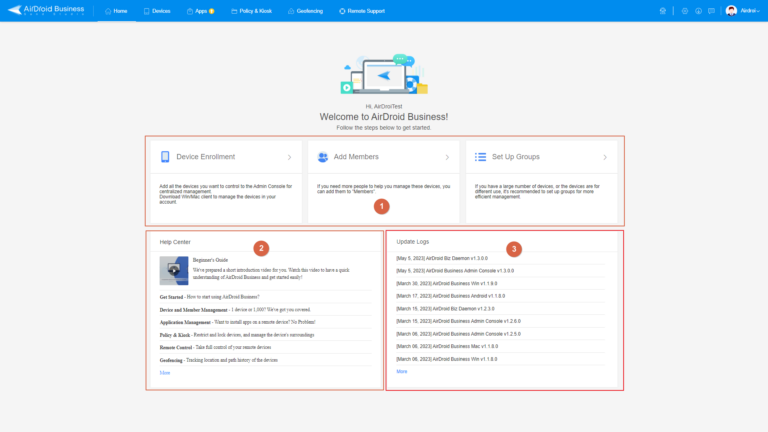 Home page of Admin Console is composed of 3 parts