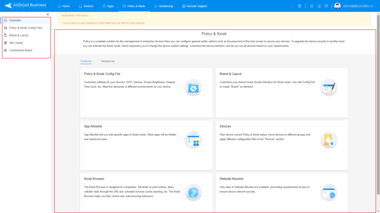 Policy & Kiosk Page of Admin Console