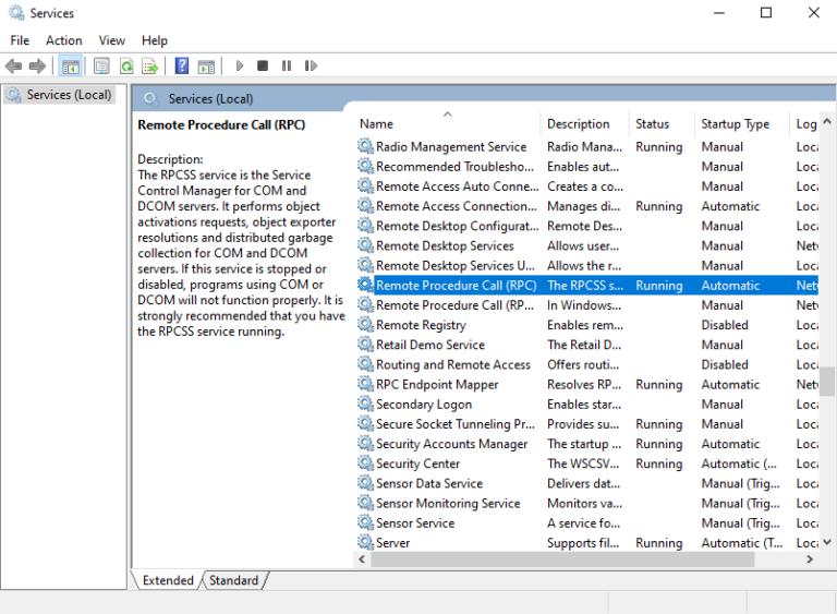 Locate the “Remote Procedure Call (RPC)” service