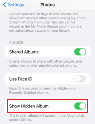 iPhoneの設定アプリで隠しアルバムを表示