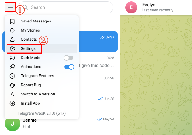 Telegram web settings