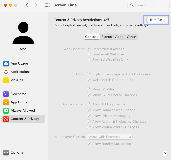 turn on Content & Privacy